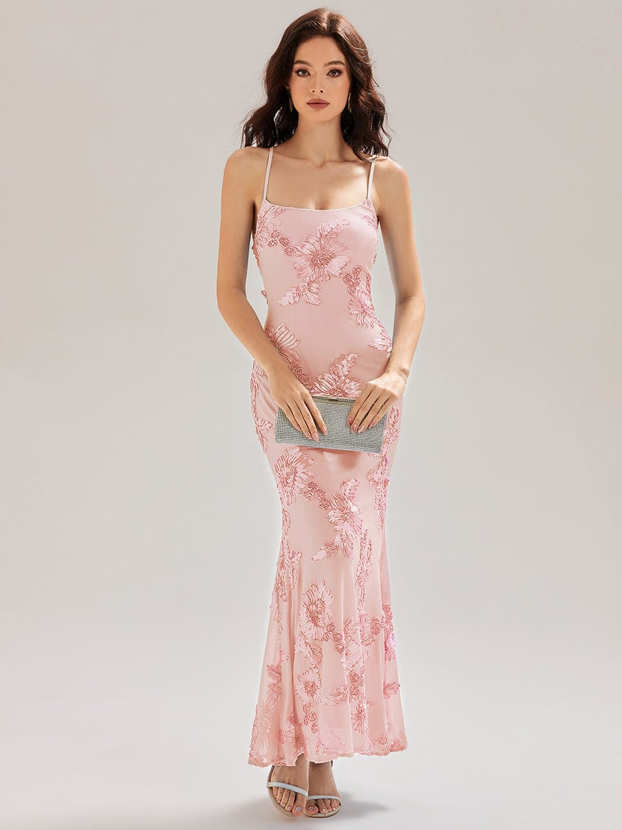 Lace-Up Mesh Mermaid Floral Dress #color_Pink
