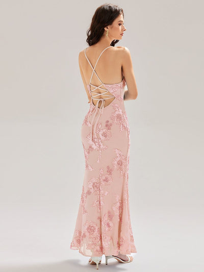 Lace-Up Mesh Mermaid Floral Dress #color_Pink