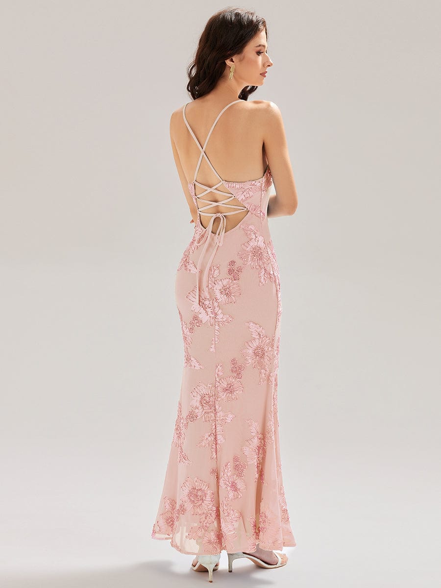 Lace-Up Mesh Mermaid Floral Dress #color_Pink