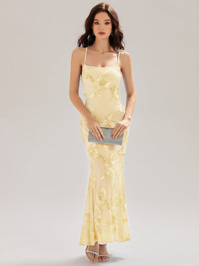 Lace-Up Mesh Mermaid Floral Dress #color_Yellow