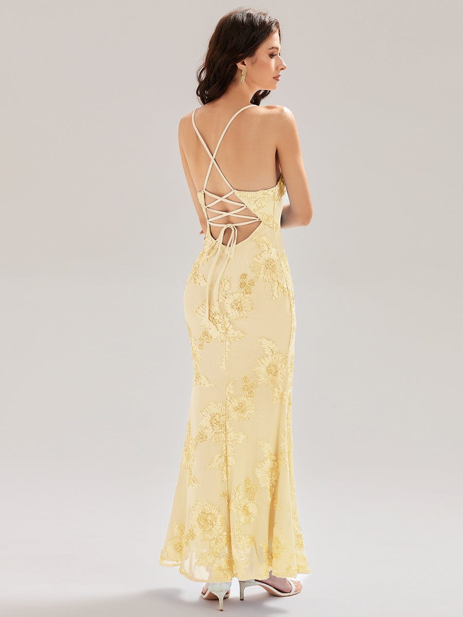 Lace-Up Mesh Mermaid Floral Dress #color_Yellow