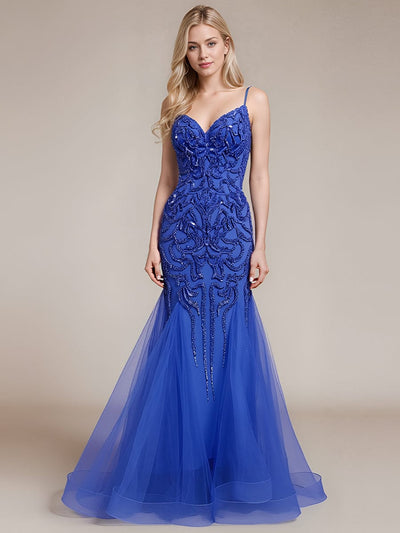 Deep V-Neck Sequin Sleeveless Formal Dress #color_Sapphire Blue
