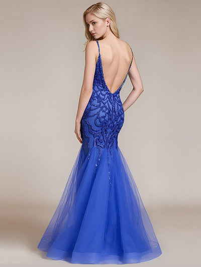 Deep V-Neck Sequin Sleeveless Formal Dress #color_Sapphire Blue