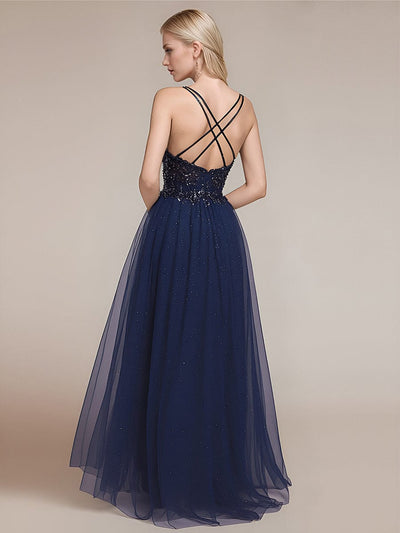 Lace-Up Mesh Sequin Formal Dress #color_Navy Blue