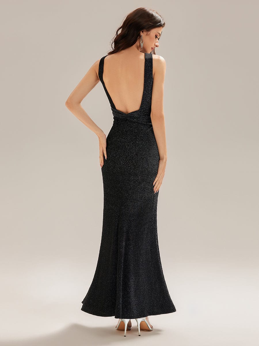 Backless Knit Glitter Mermaid Dress #color_Black