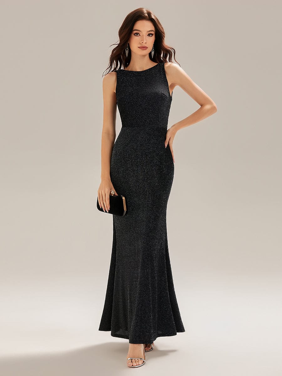 Backless Knit Glitter Mermaid Dress #color_Black
