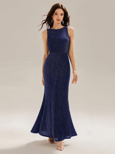 Backless Knit Glitter Mermaid Dress #color_Navy Blue