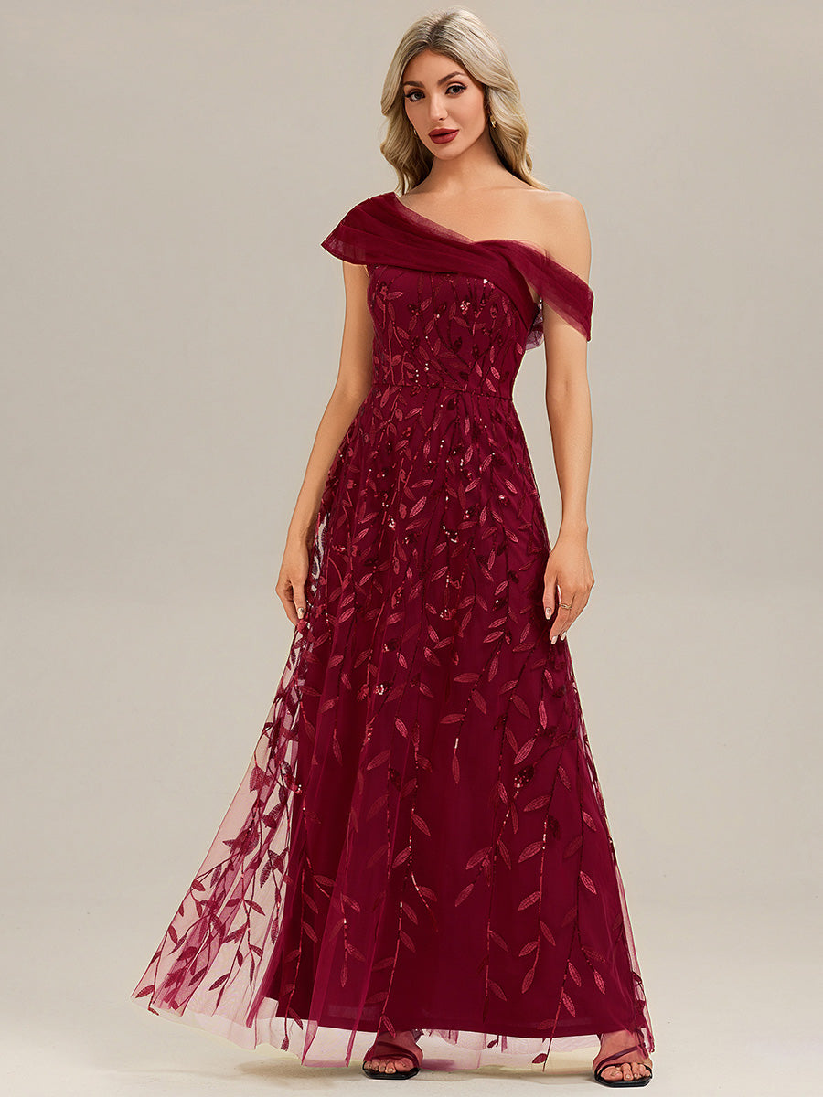 Patchwork Sequin A-Line Evening Dress #color_Burgundy