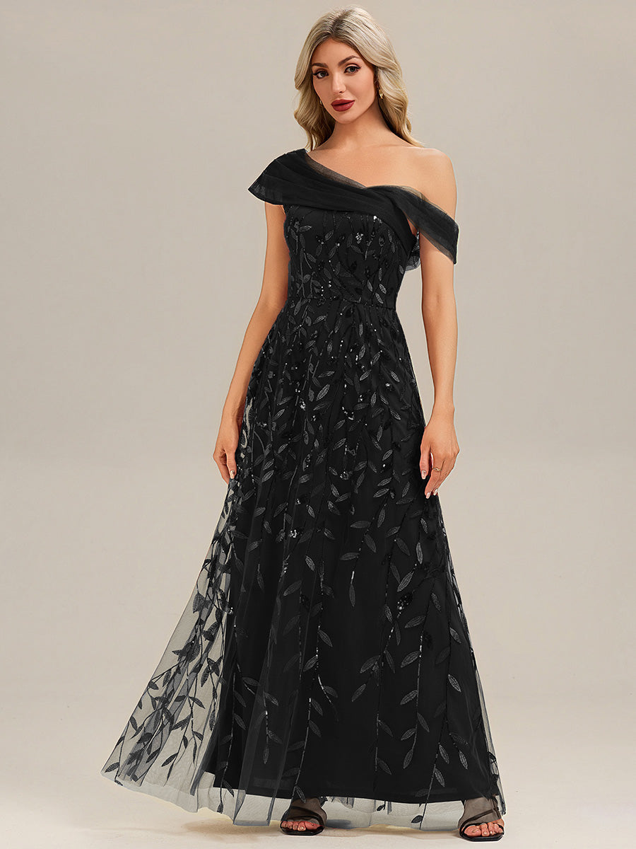 Patchwork Sequin A-Line Evening Dress #color_Black
