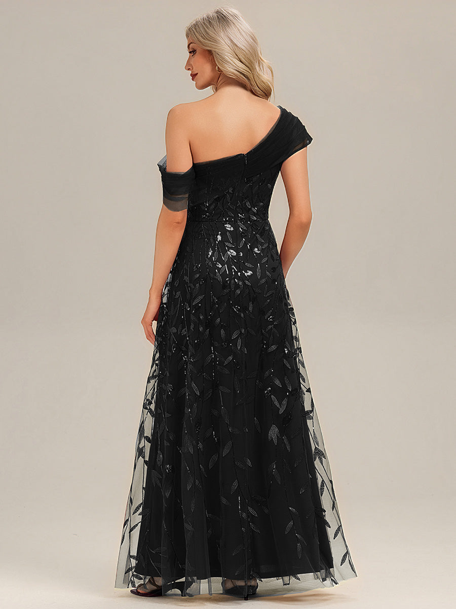 Patchwork Sequin A-Line Evening Dress #color_Black