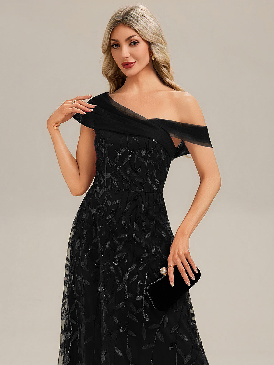 Patchwork Sequin A-Line Evening Dress #color_Black