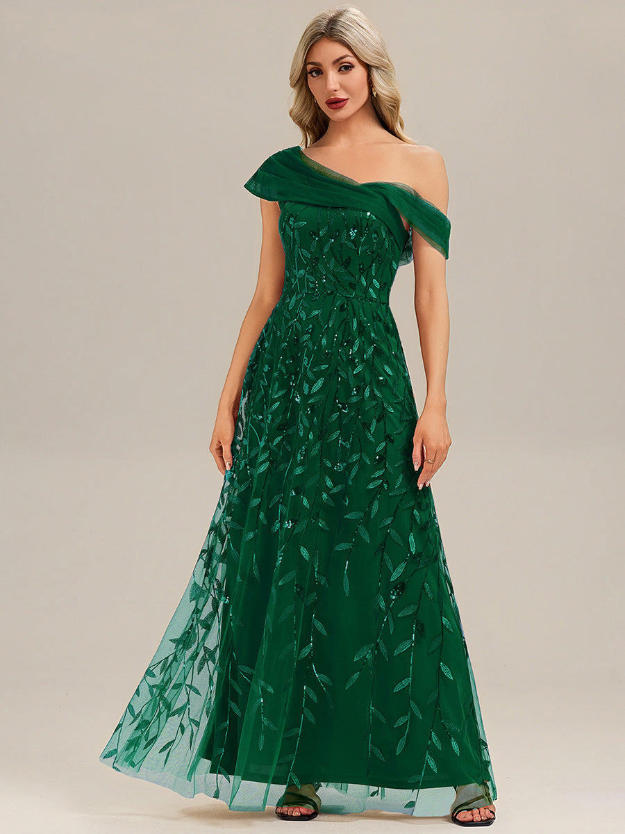 Patchwork Sequin A-Line Evening Dress #color_Dark Green