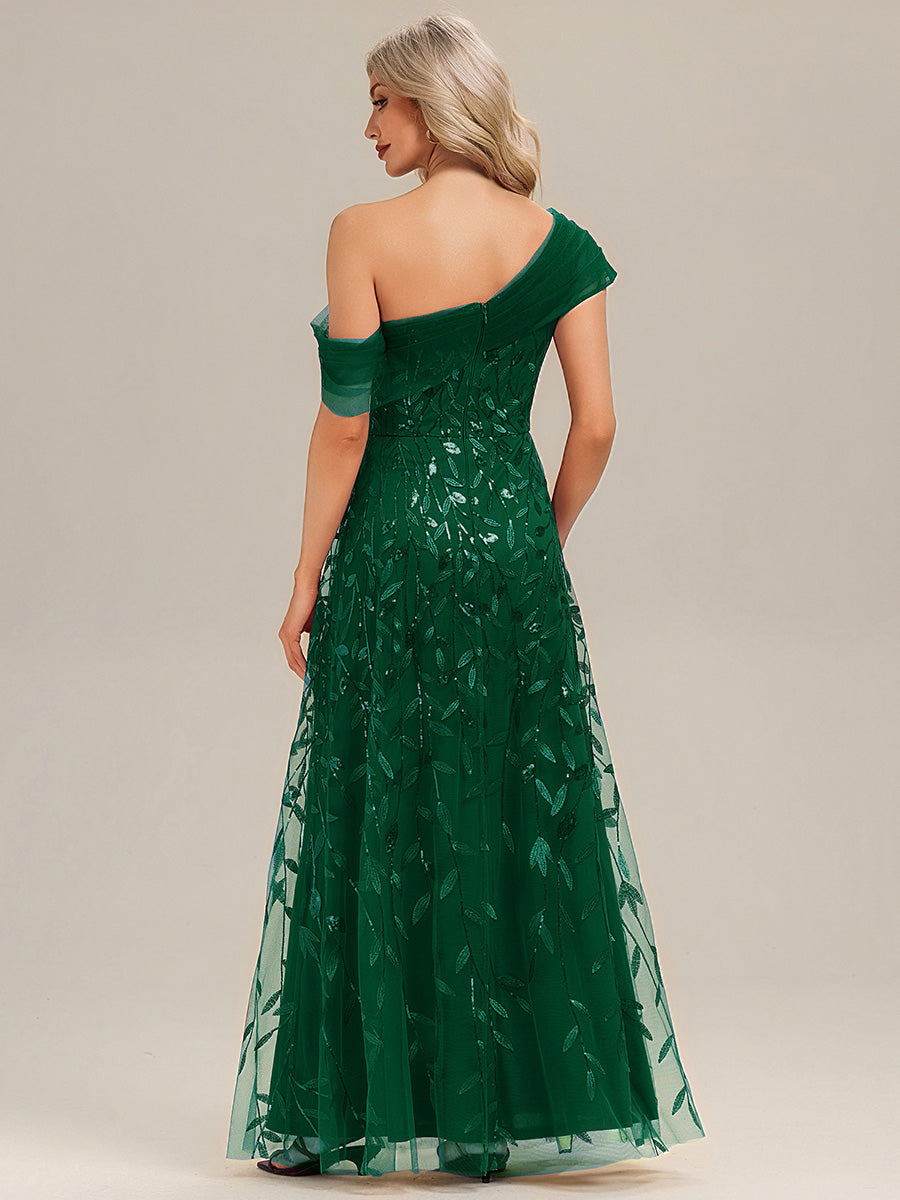 Patchwork Sequin A-Line Evening Dress #color_Dark Green