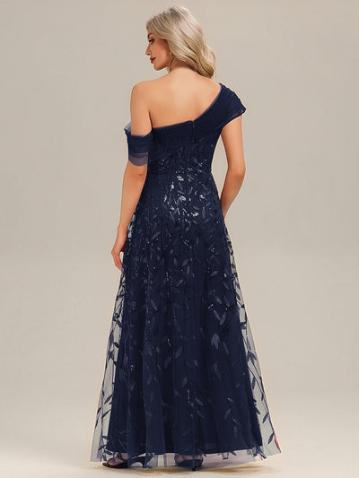 Patchwork Sequin A-Line Evening Dress #color_Navy Blue