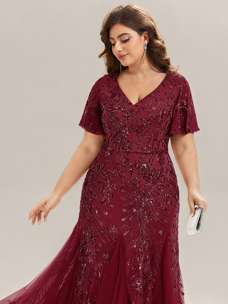Embroidered Sequin Ruffle Sleeve Evening Dress #color_Burgundy