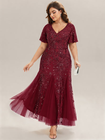 Plus Size Embroidered Sequin Ruffle Sleeve Evening Dress #color_Burgundy