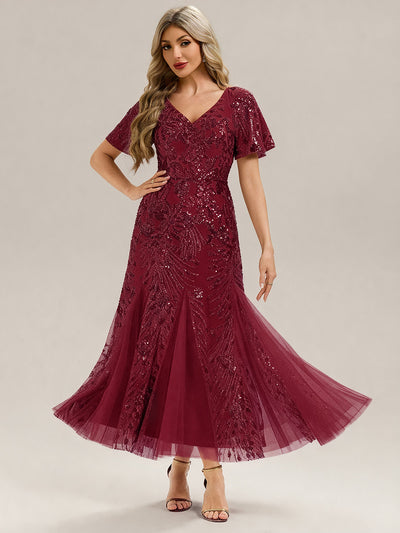 Embroidered Sequin Ruffle Sleeve Evening Dress #color_Burgundy