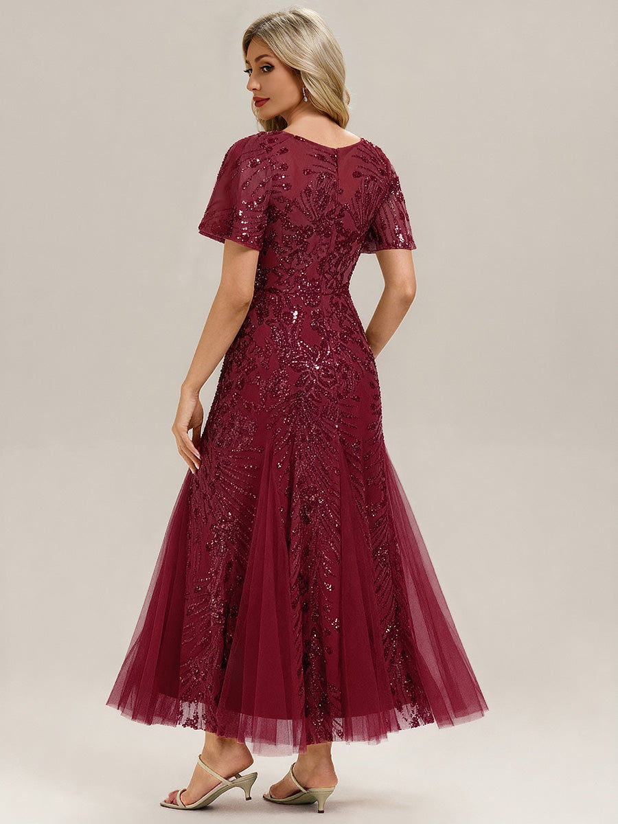 Embroidered Sequin Ruffle Sleeve Evening Dress #color_Burgundy