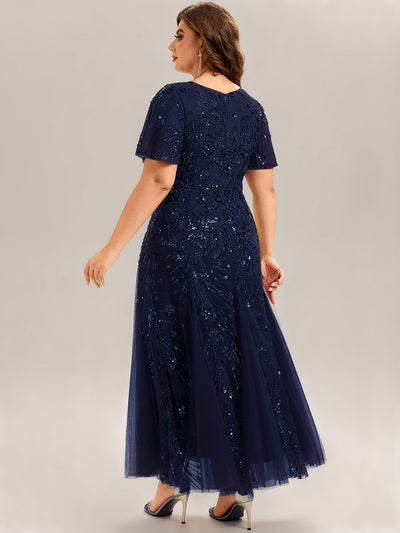 Plus Size Embroidered Sequin Ruffle Sleeve Evening Dress #color_Navy Blue