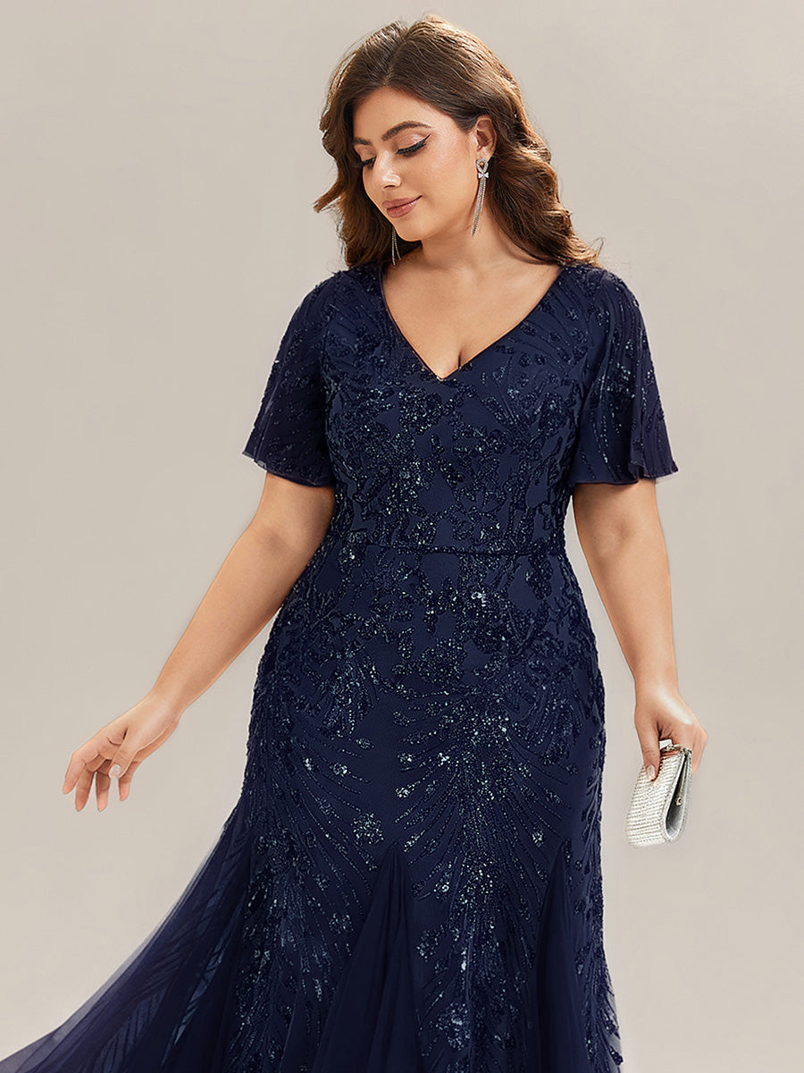 Embroidered Sequin Ruffle Sleeve Evening Dress #color_Navy Blue