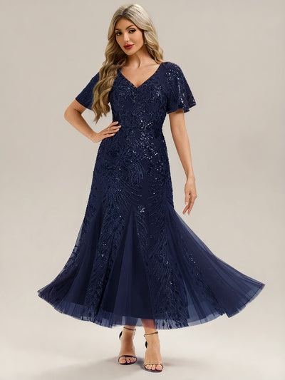 ever ANNIKA| Embroidered Sequin Ruffle Sleeve Evening Dress