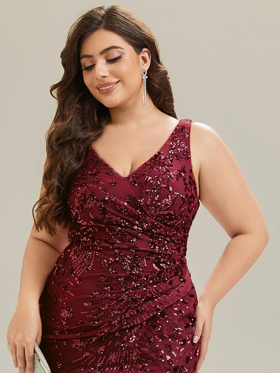 Plus Size Bodycon Sequin Slit Wedding Guest Dress #color_Burgundy