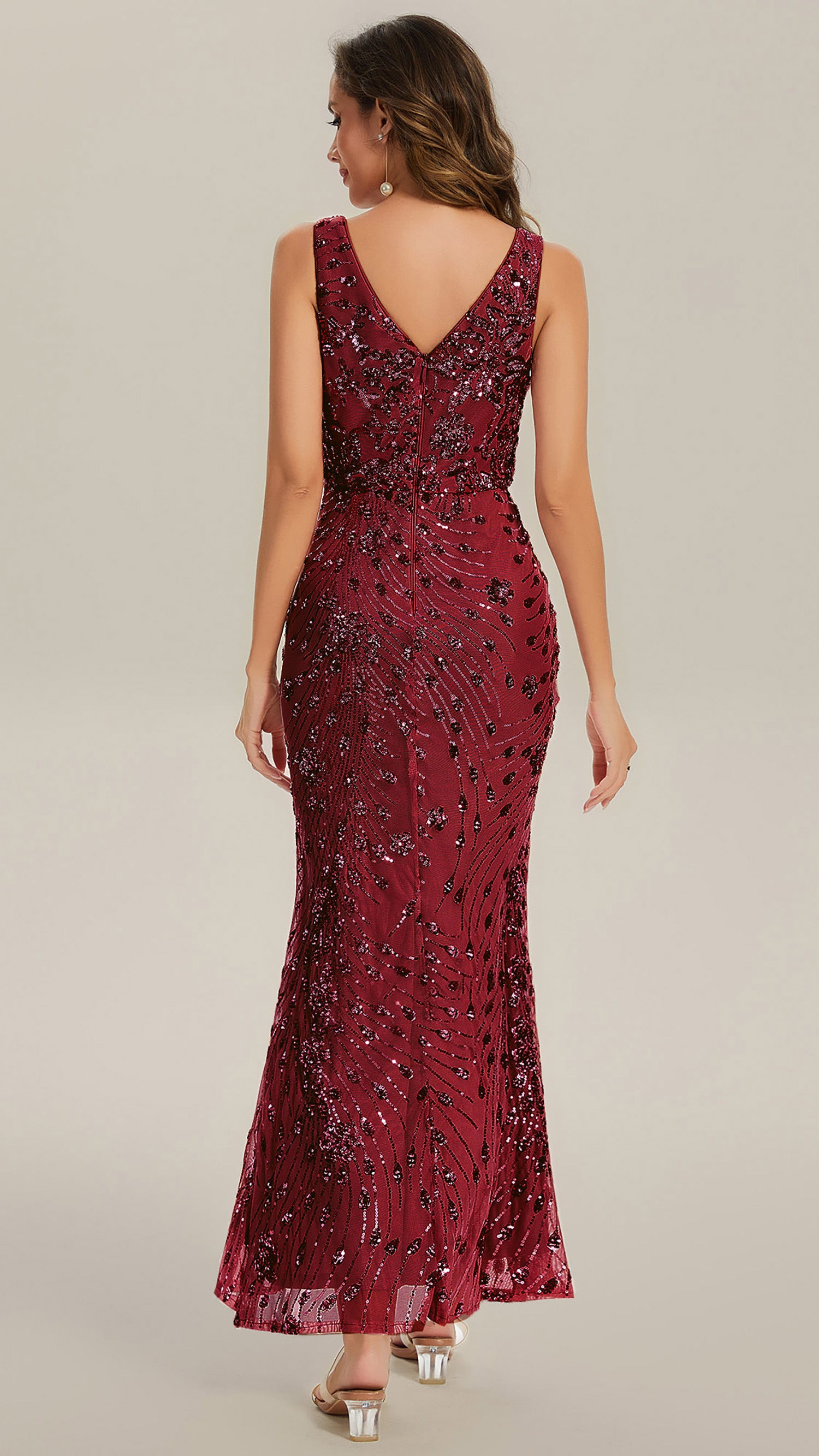 Knotted Sequin Sleeveless Bodycon Evening Dress #color_Burgundy