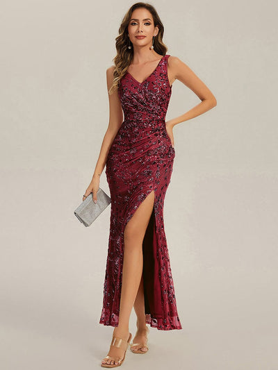 Knotted Sequin Sleeveless Bodycon Evening Dress #color_Burgundy