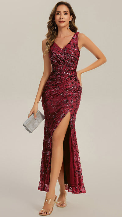 Knotted Sequin Sleeveless Bodycon Evening Dress #color_Burgundy