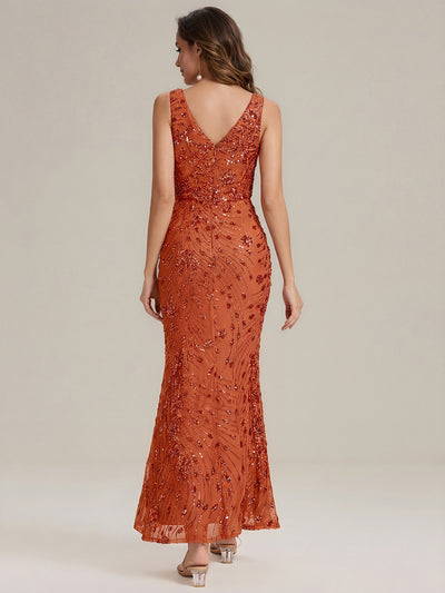Knotted Sequin Sleeveless Bodycon Evening Dress #color_Burnt Orange