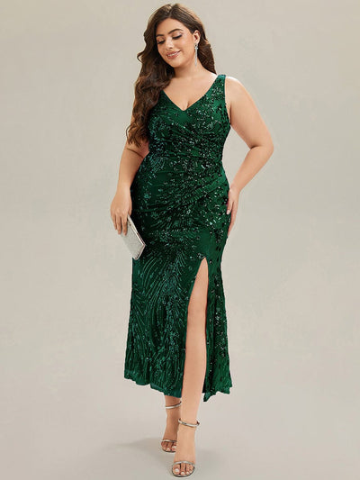 Plus Size Bodycon Sequin Slit Wedding Guest Dress #color_Dark Green