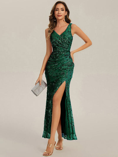Bodycon Sequin Slit Wedding Guest Dress #color_Dark Green