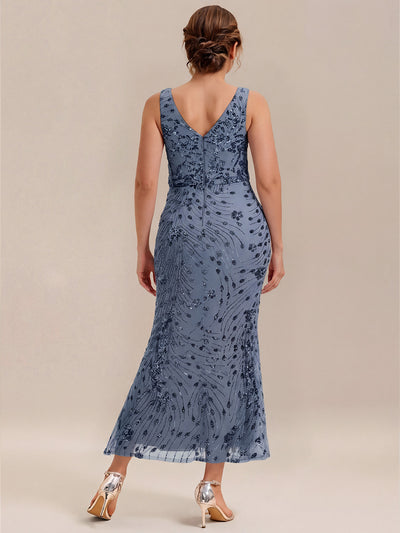 Plus Size Knotted Sequin Evening Dress #color_Dusty Blue