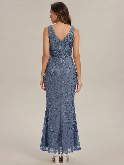 Bodycon Sequin Slit Wedding Guest Dress #color_Dusty Blue