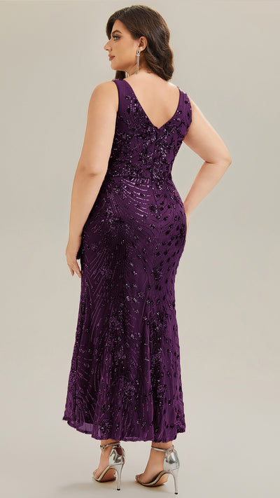 Plus Size Knotted Sequin Evening Dress #color_Dark Purple
