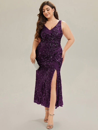 Plus Size Knotted Sequin Evening Dress #color_Dark Purple