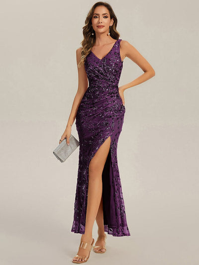 Knotted Sequin Sleeveless Bodycon Evening Dress #color_Dark Purple