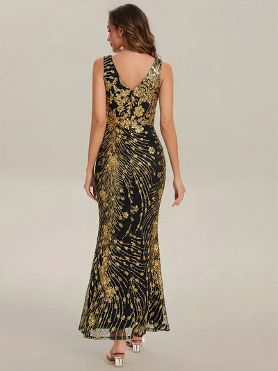 Knotted Sequin Sleeveless Bodycon Evening Dress #color_Black & Gold