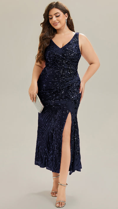 Plus Size Knotted Sequin Evening Dress #color_Navy Blue