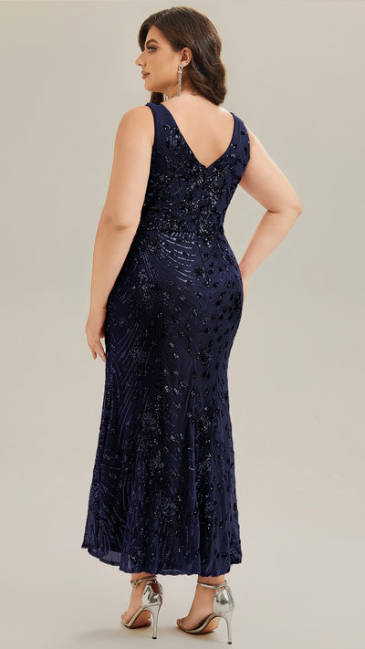 Plus Size Knotted Sequin Evening Dress #color_Navy Blue