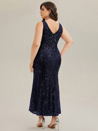 Plus Size Knotted Sequin Evening Dress #color_Navy Blue