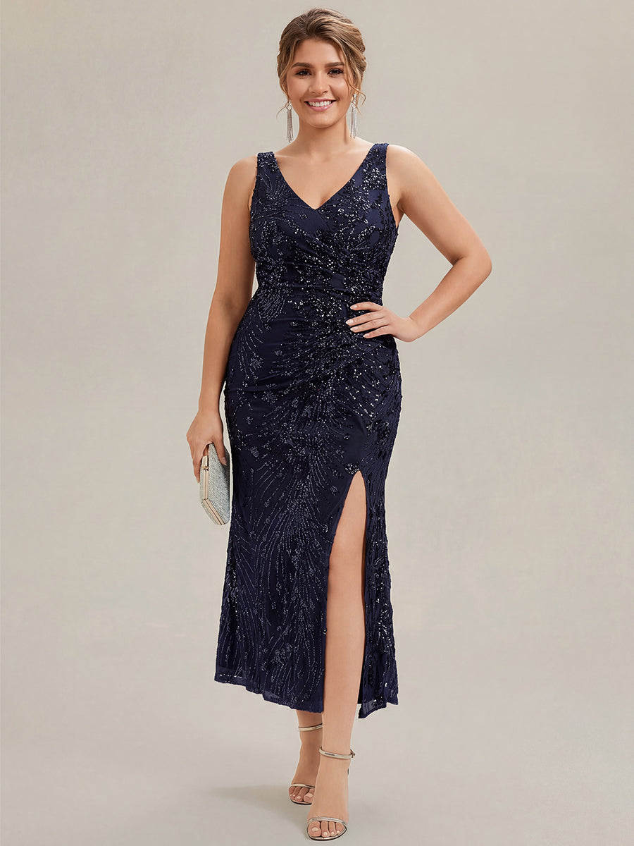 Plus Size Sequin Sleeveless Gown with Slit for Mother of the Bride & Formal  Weddings