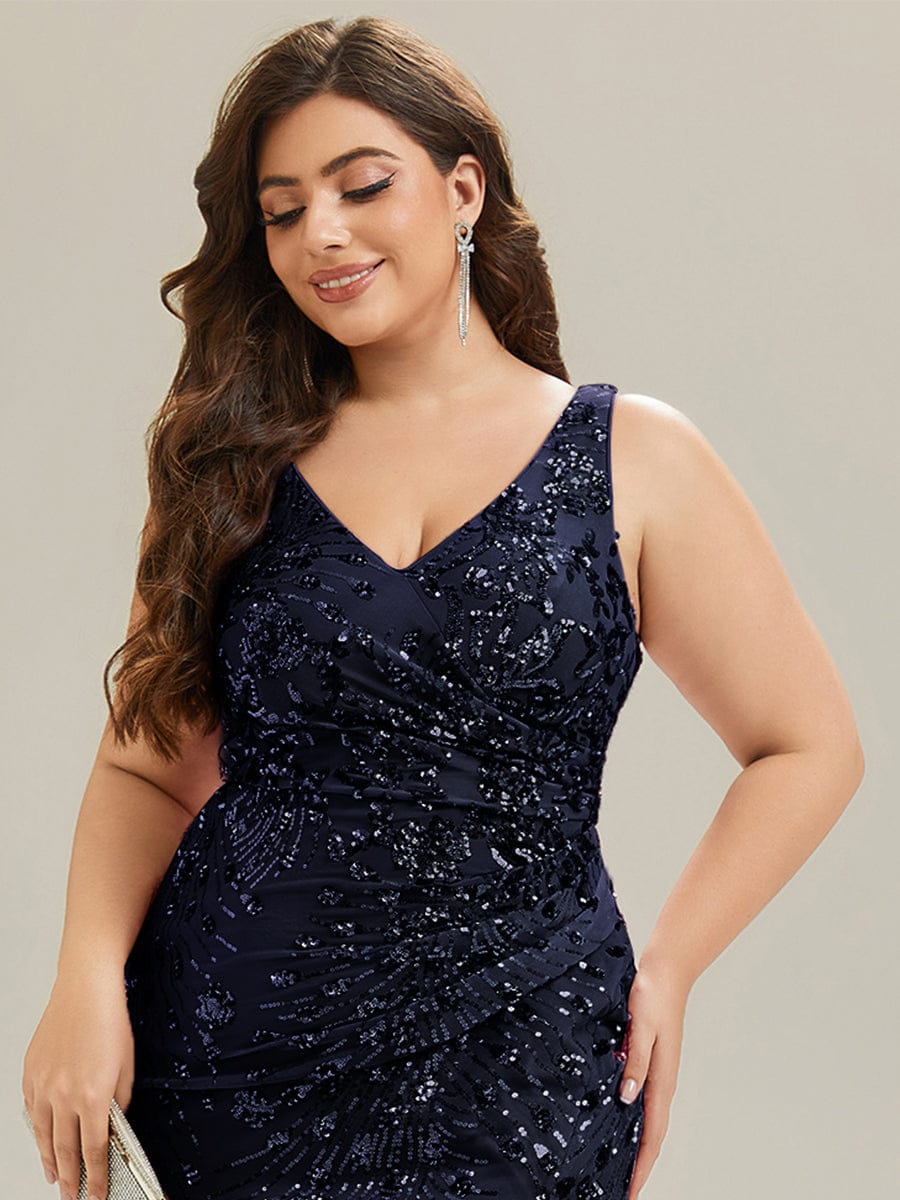 Plus Size Bodycon Sequin Slit Wedding Guest Dress #color_Navy Blue