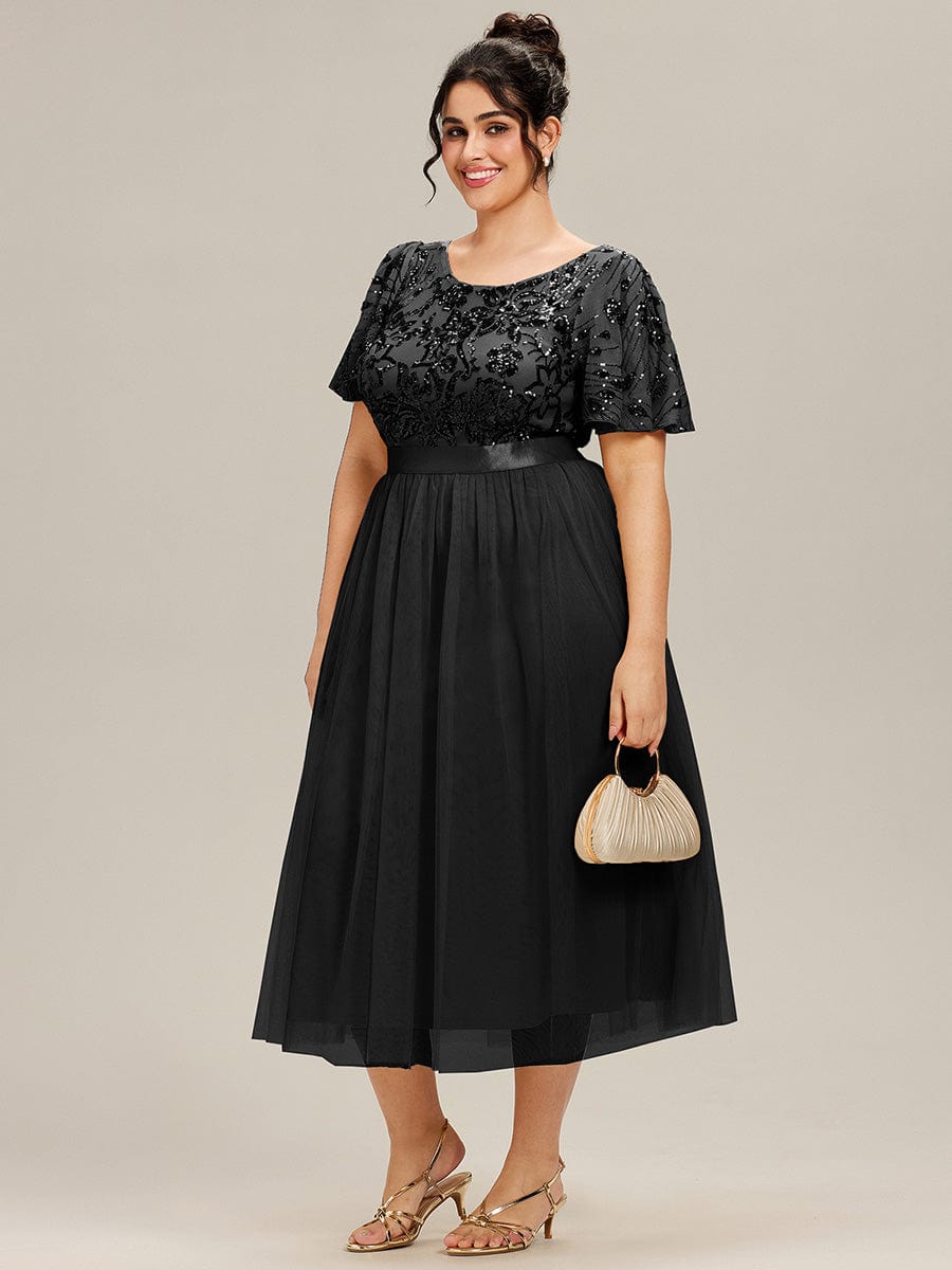 Round Neck Sequin Ruffle Sleeve Dress #color_Black