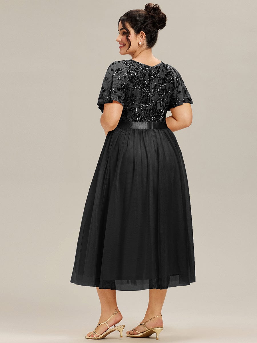 Round Neck Sequin Ruffle Sleeve Dress #color_Black