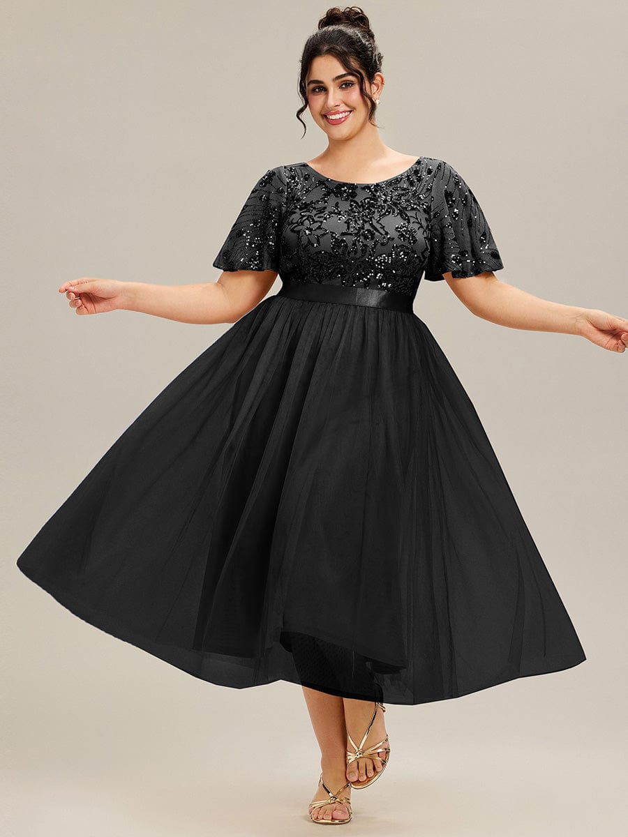 Round Neck Sequin Ruffle Sleeve Dress #color_Black