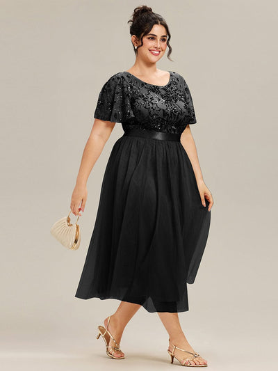 Round Neck Sequin Ruffle Sleeve Dress #color_Black