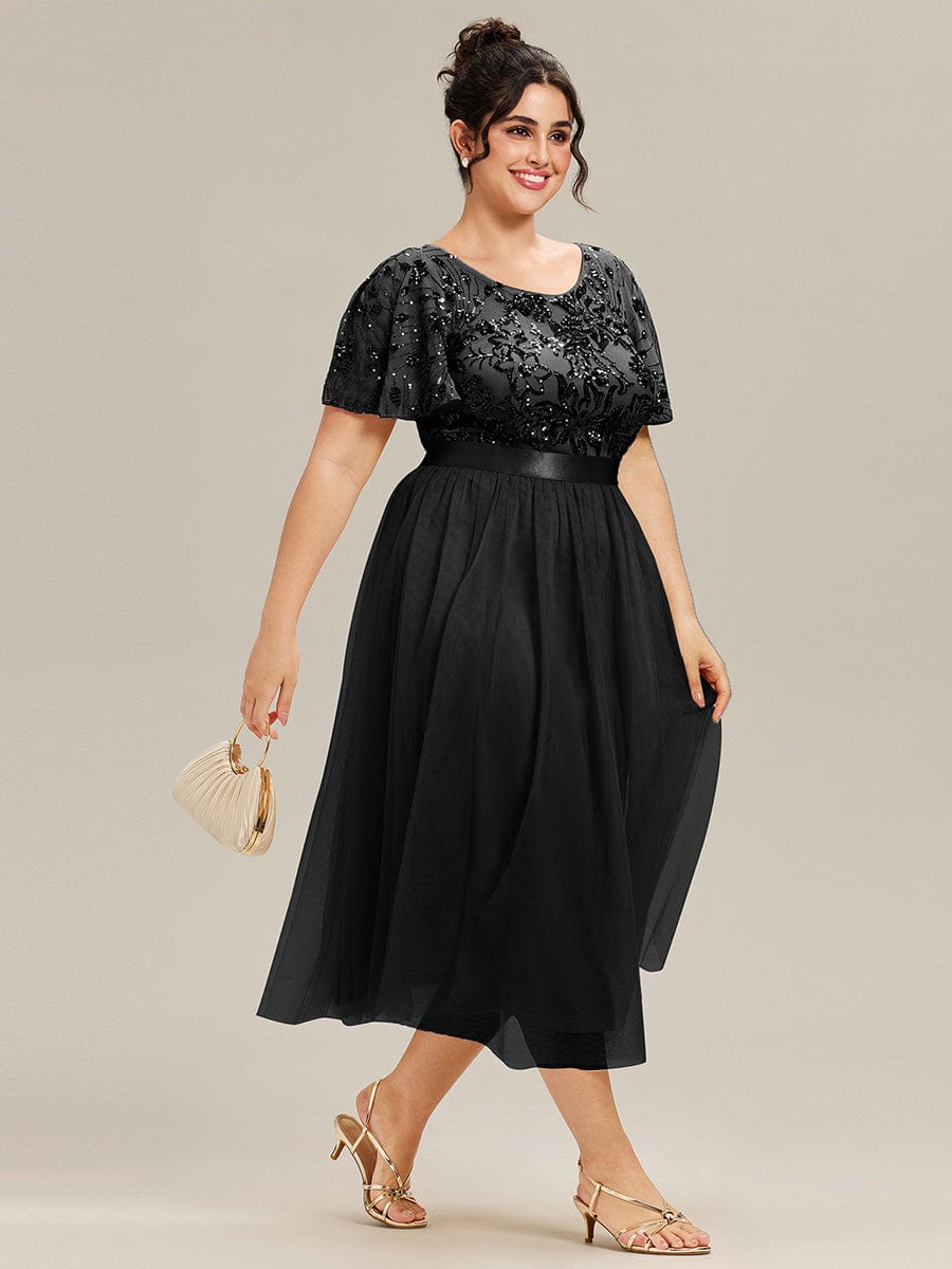 Round Neck Sequin Ruffle Sleeve Dress #color_Black