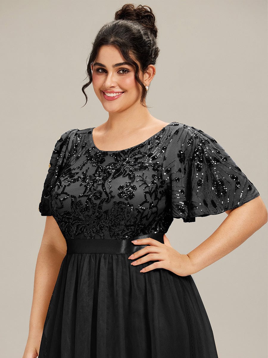 Round Neck Sequin Ruffle Sleeve Dress #color_Black