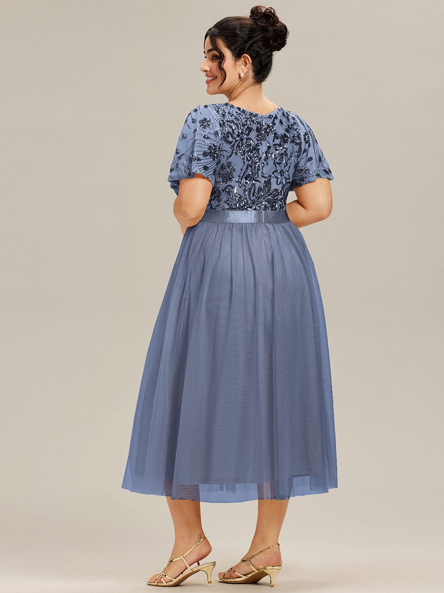 Round Neck Sequin Ruffle Sleeve Dress #color_Dusty Blue